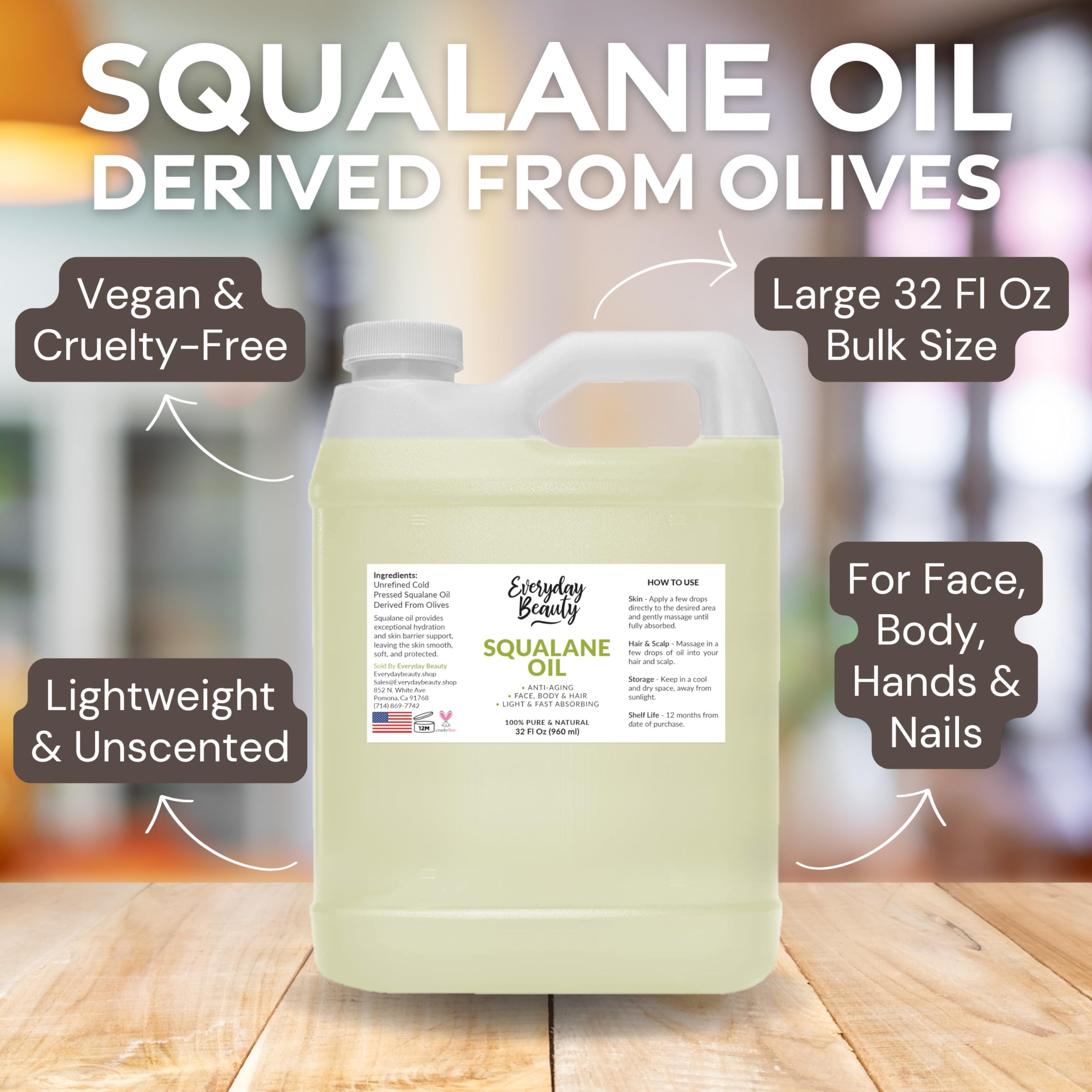 Everyday Beauty Squalane Oil Bulk – 32 oz Pure Olive-Derived Facial & Hair Oil