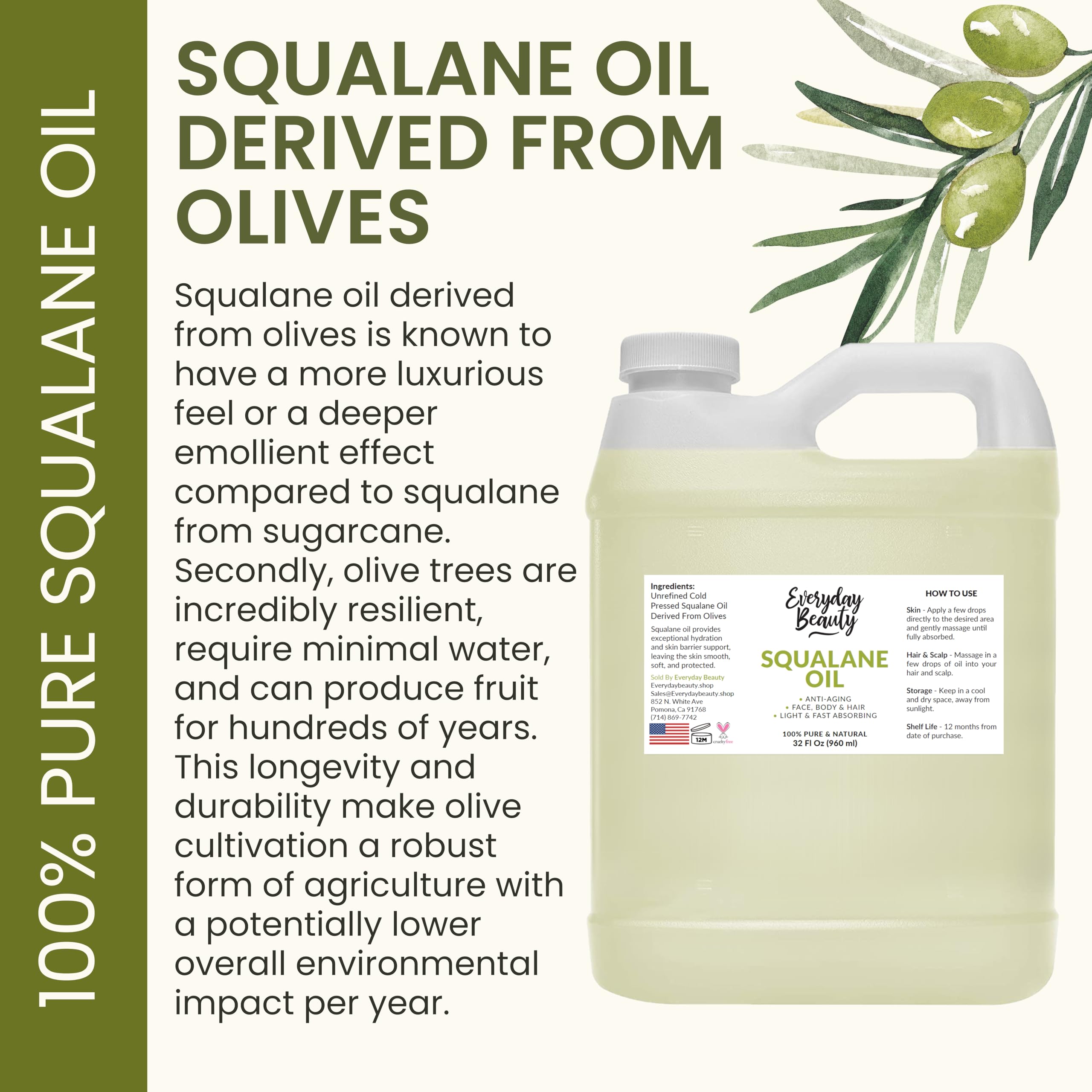 Everyday Beauty Squalane Oil Bulk – 32 oz Pure Olive-Derived Facial & Hair Oil