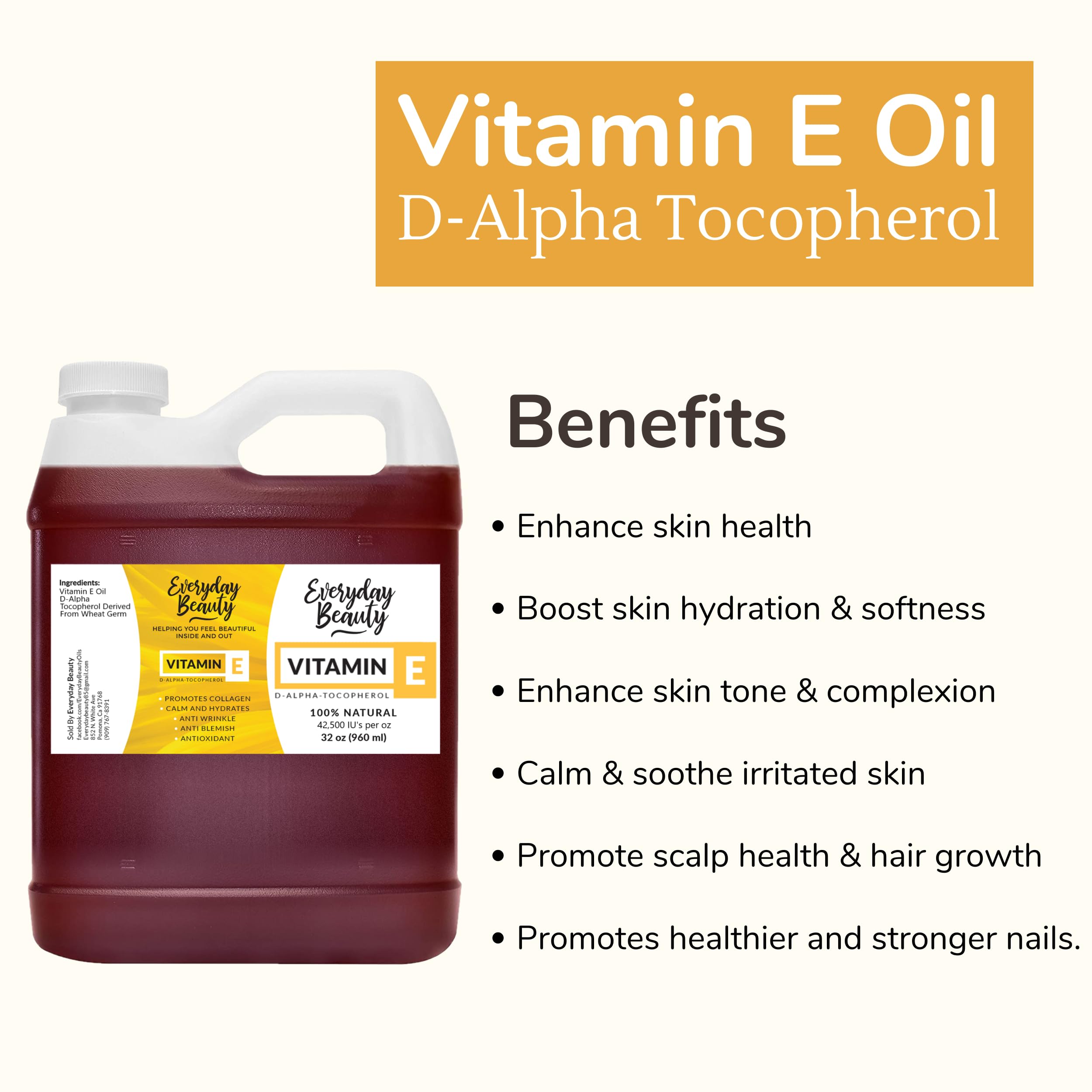 Everyday Beauty Pure Vitamin E Oil Bulk – 32 oz, 100% D-Alpha Tocopherol from Wheat Germ