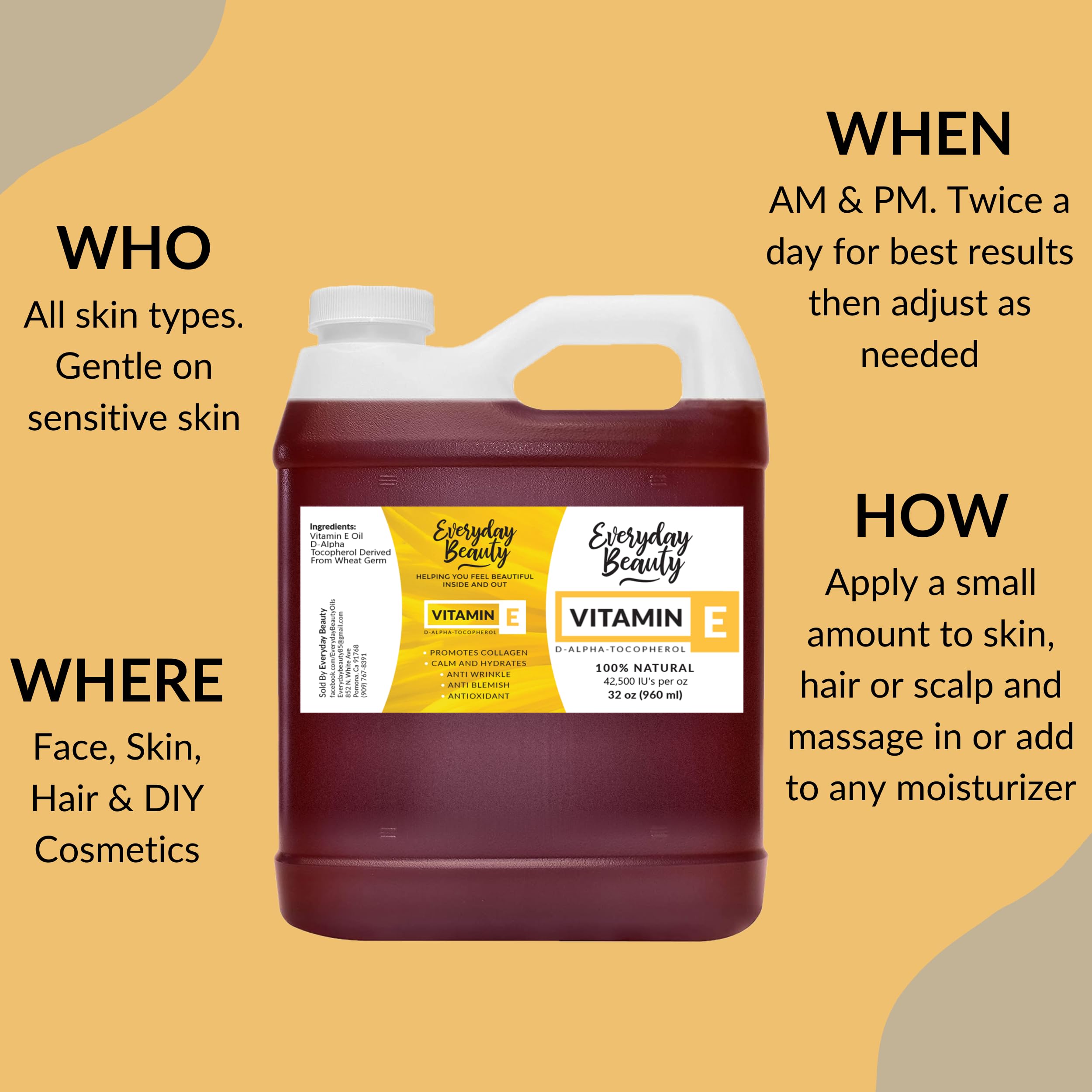 Everyday Beauty Pure Vitamin E Oil Bulk – 32 oz, 100% D-Alpha Tocopherol from Wheat Germ