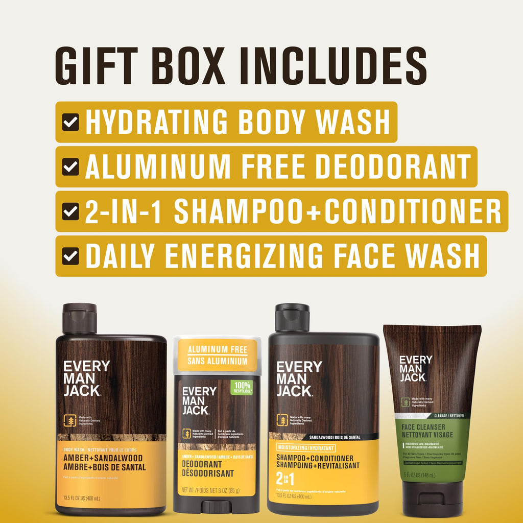 Every Man Jack Men's Bath & Body Gift Set - Amber + Sandalwood | Hydrating Body Wash, 2-in-1 Shampoo, Aluminum-Free Deodorant & Face Wash