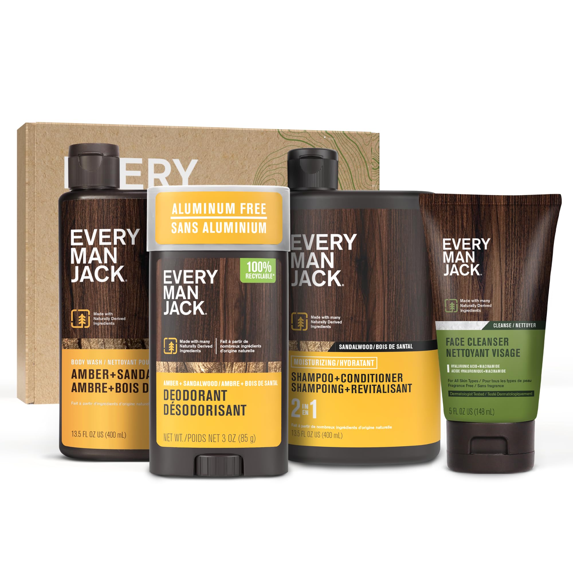 Every Man Jack Men's Bath & Body Gift Set - Amber + Sandalwood | Hydrating Body Wash, 2-in-1 Shampoo, Aluminum-Free Deodorant & Face Wash