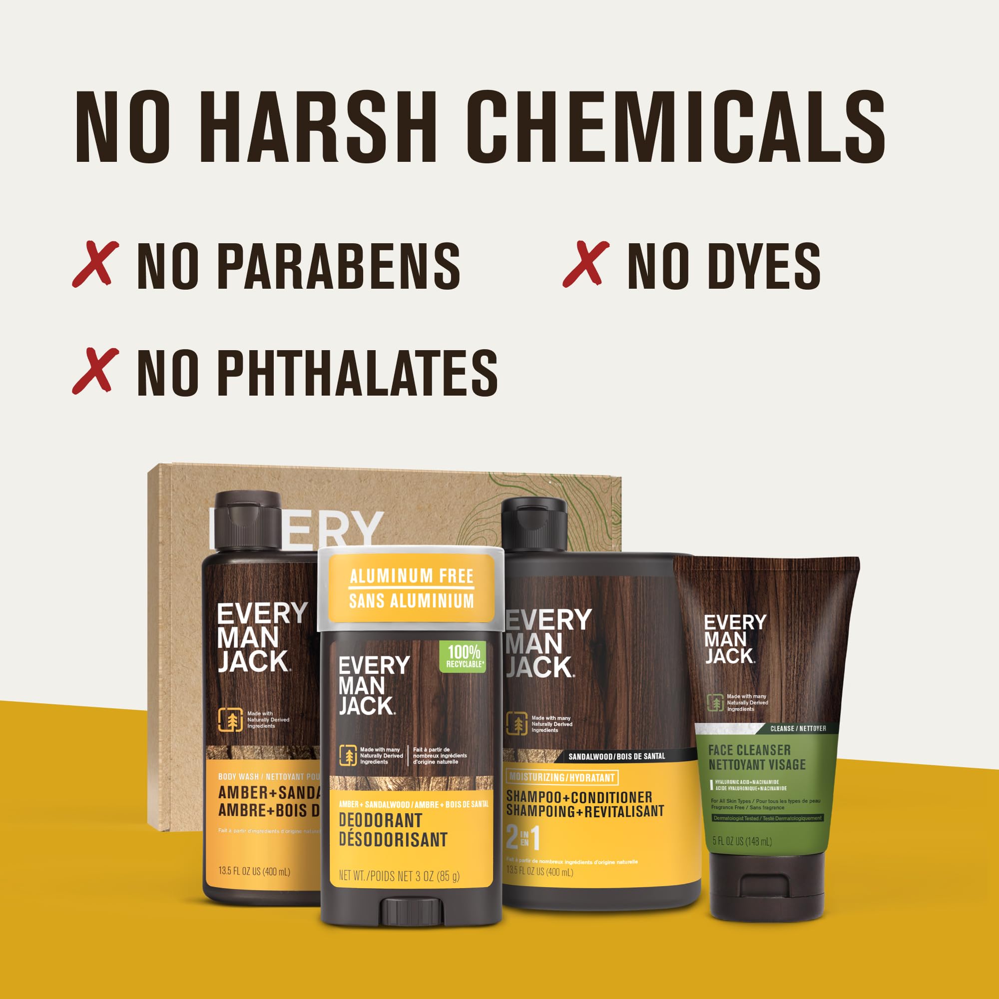 Every Man Jack Men's Bath & Body Gift Set - Amber + Sandalwood | Hydrating Body Wash, 2-in-1 Shampoo, Aluminum-Free Deodorant & Face Wash
