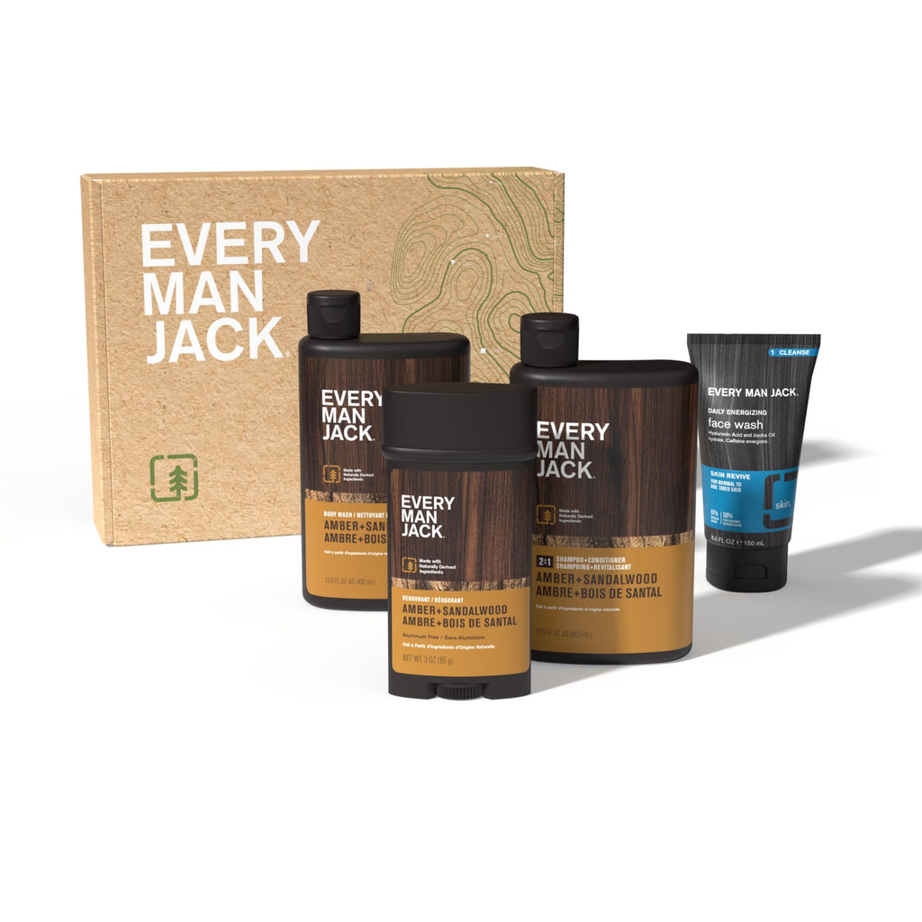 Every Man Jack Men's Bath & Body Gift Set - Amber + Sandalwood | Hydrating Body Wash, 2-in-1 Shampoo, Aluminum-Free Deodorant & Face Wash