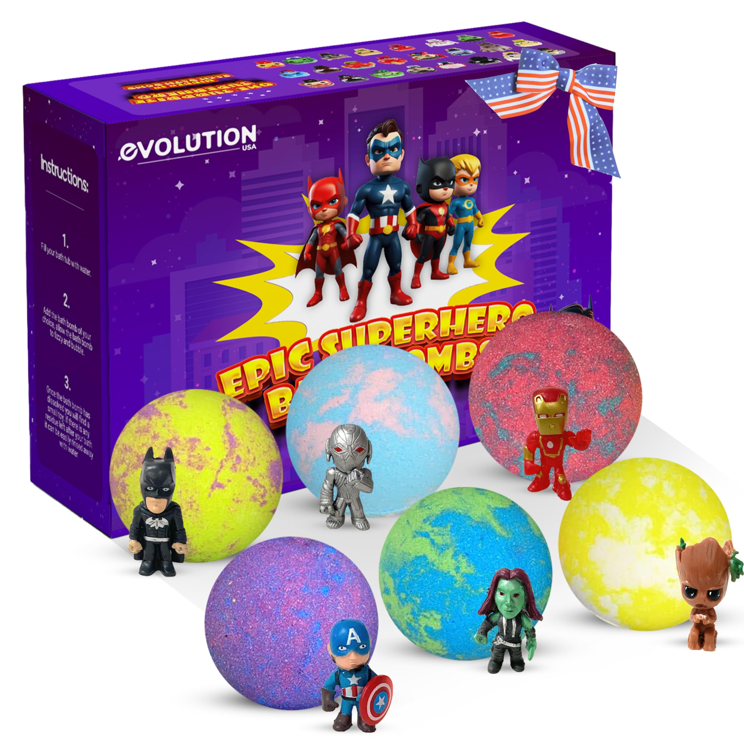 EvolutionUSA 6pc Epic Superhero Bath Bombs for Kids – Toy Inside