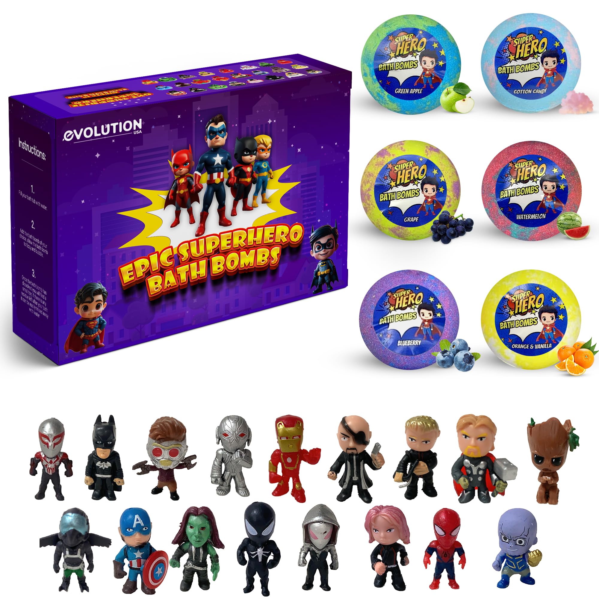 EvolutionUSA 6pc Epic Superhero Bath Bombs for Kids – Toy Inside