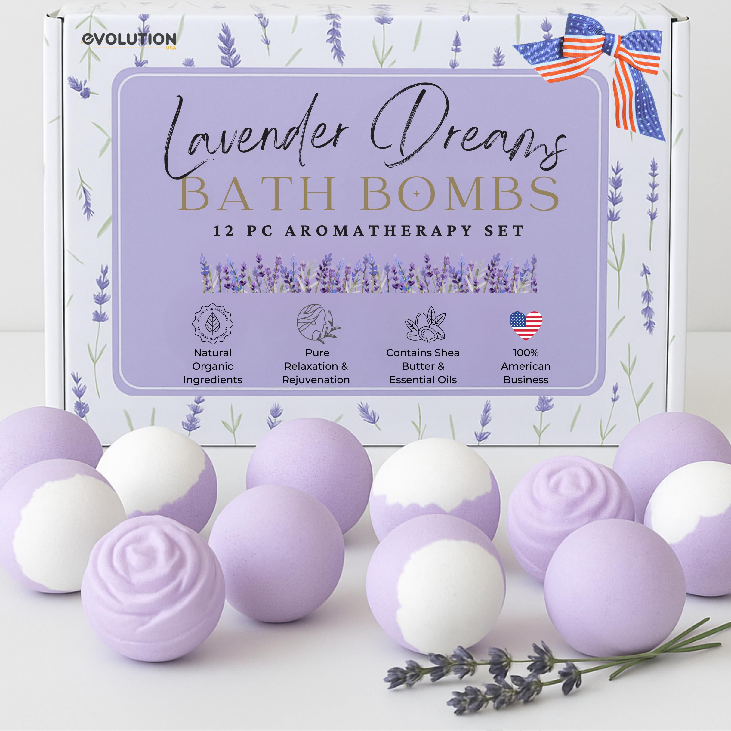 EvolutionUSA Lavender Dreams Bath Bombs for Women – 12 Organic Lavender Bath Bombs Gift Set