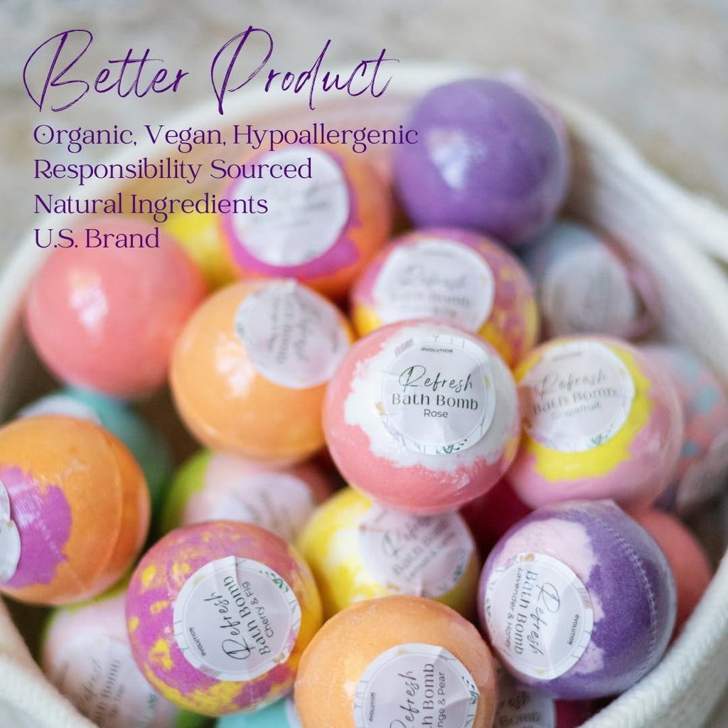 EvolutionUSA Refresh Bath Bombs - 24 Mini Organic Bath Bombs Set for Women and Kids
