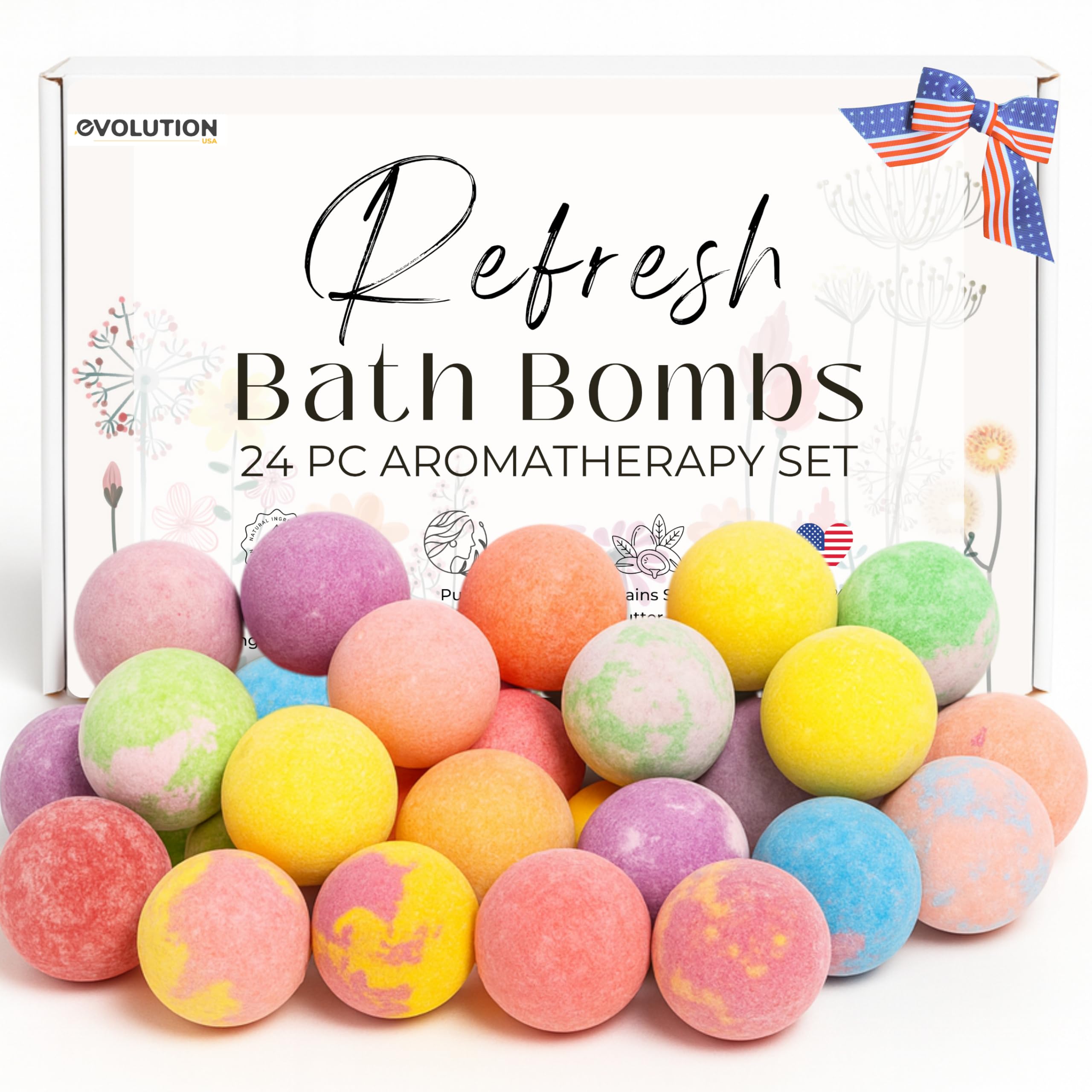 EvolutionUSA Refresh Bath Bombs - 24 Mini Organic Bath Bombs Set for Women and Kids