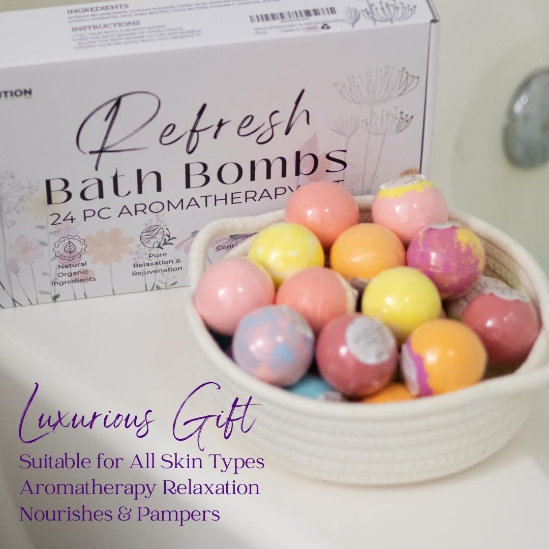 EvolutionUSA Refresh Bath Bombs - 24 Mini Organic Bath Bombs Set for Women and Kids