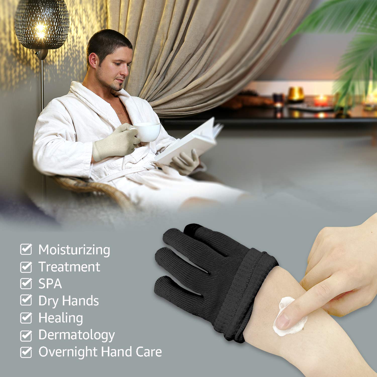 Evridwear Men Moisturizing Cotton Gloves with Touchscreen Fingertips – Overnight Hand Care, 6 Pairs, XS, Black
