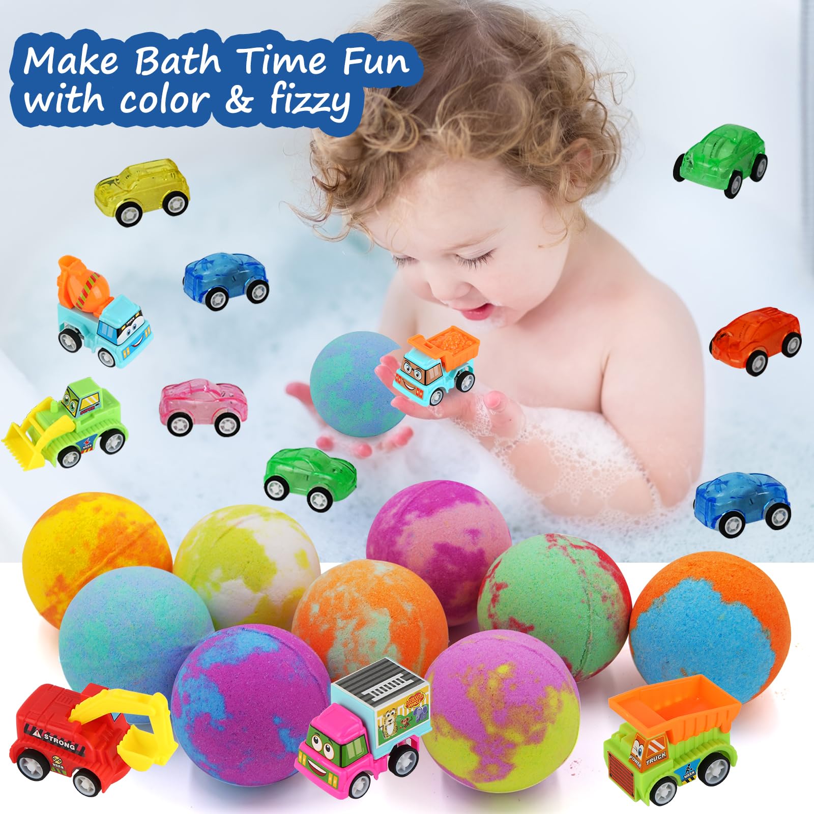 Excalla 9-Pack Kids Bath Bombs with Pull-Back Cars – Colorful Bubbles & Fragrance