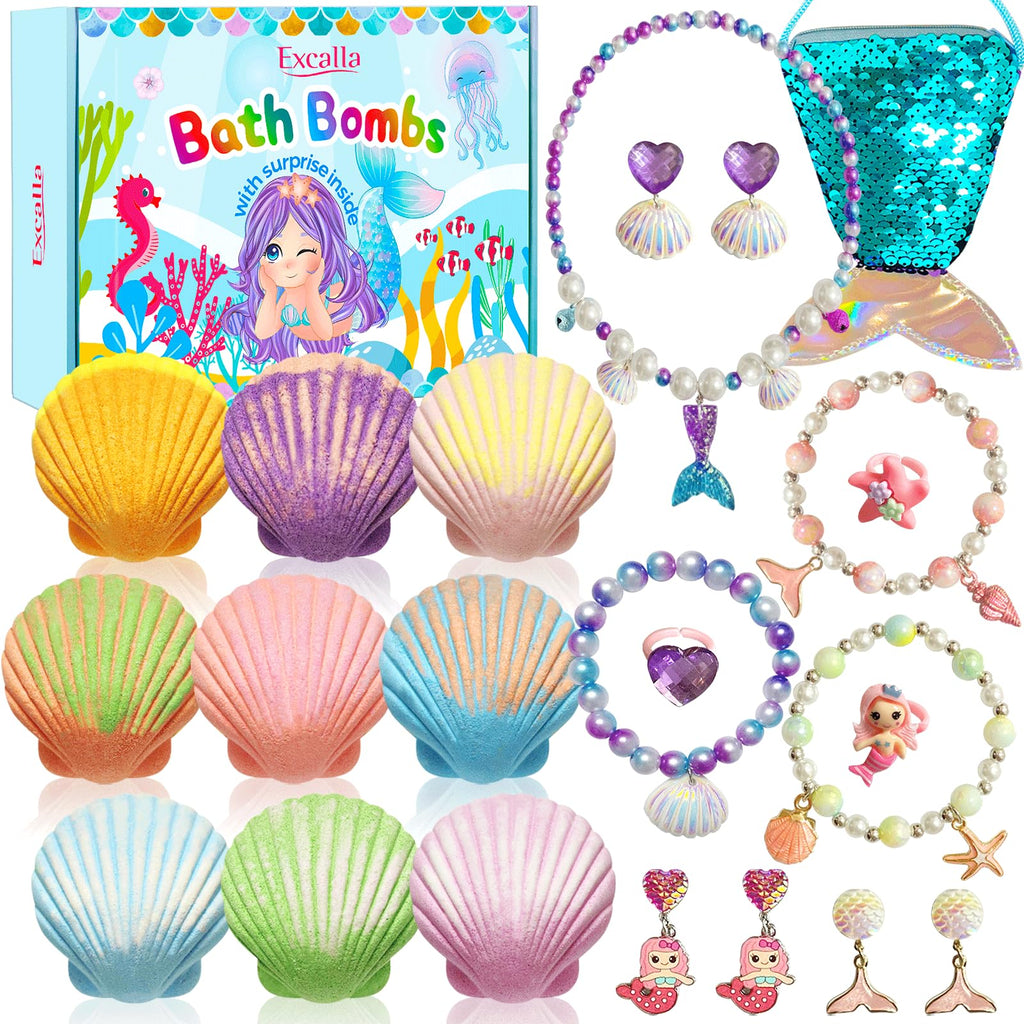 Excalla Mermaid Bath Bombs with Jewelry Inside – 9 Scents Kids Gift Set