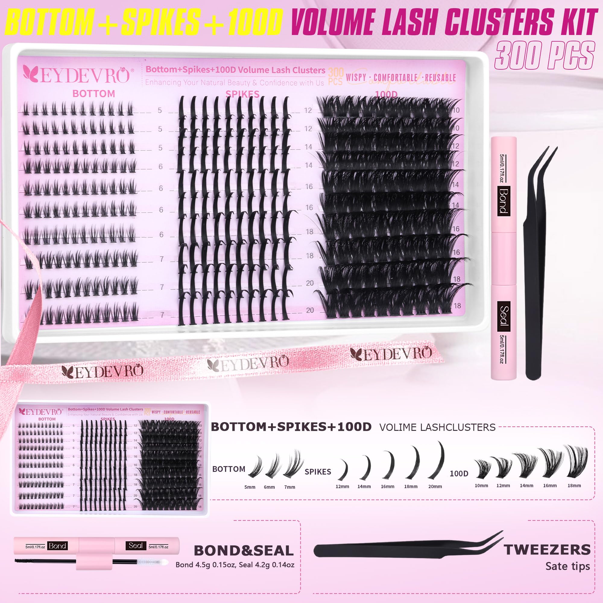 EYDEVRO Volume Eyelash Clusters Kit 100D with Spikes & 300 Pcs