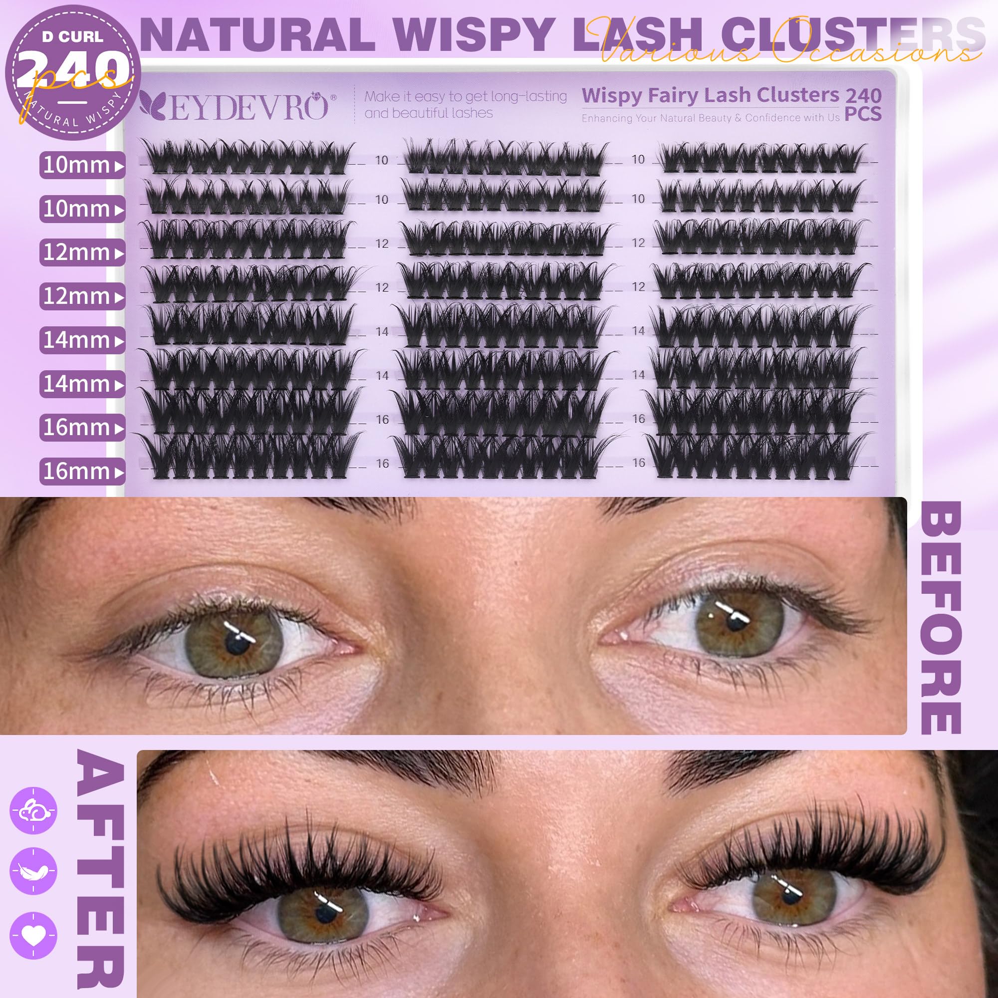 EYDEVRO Fairy Lash Clusters Kit – Wispy 10-16mm Lashes with Bond & Seal, Tweezers & Brushes