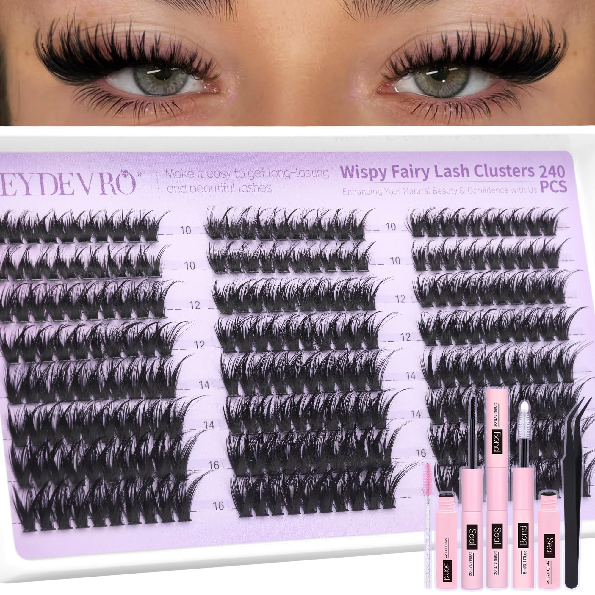 EYDEVRO Fairy Lash Clusters Kit – Wispy 10-16mm Lashes with Bond & Seal, Tweezers & Brushes