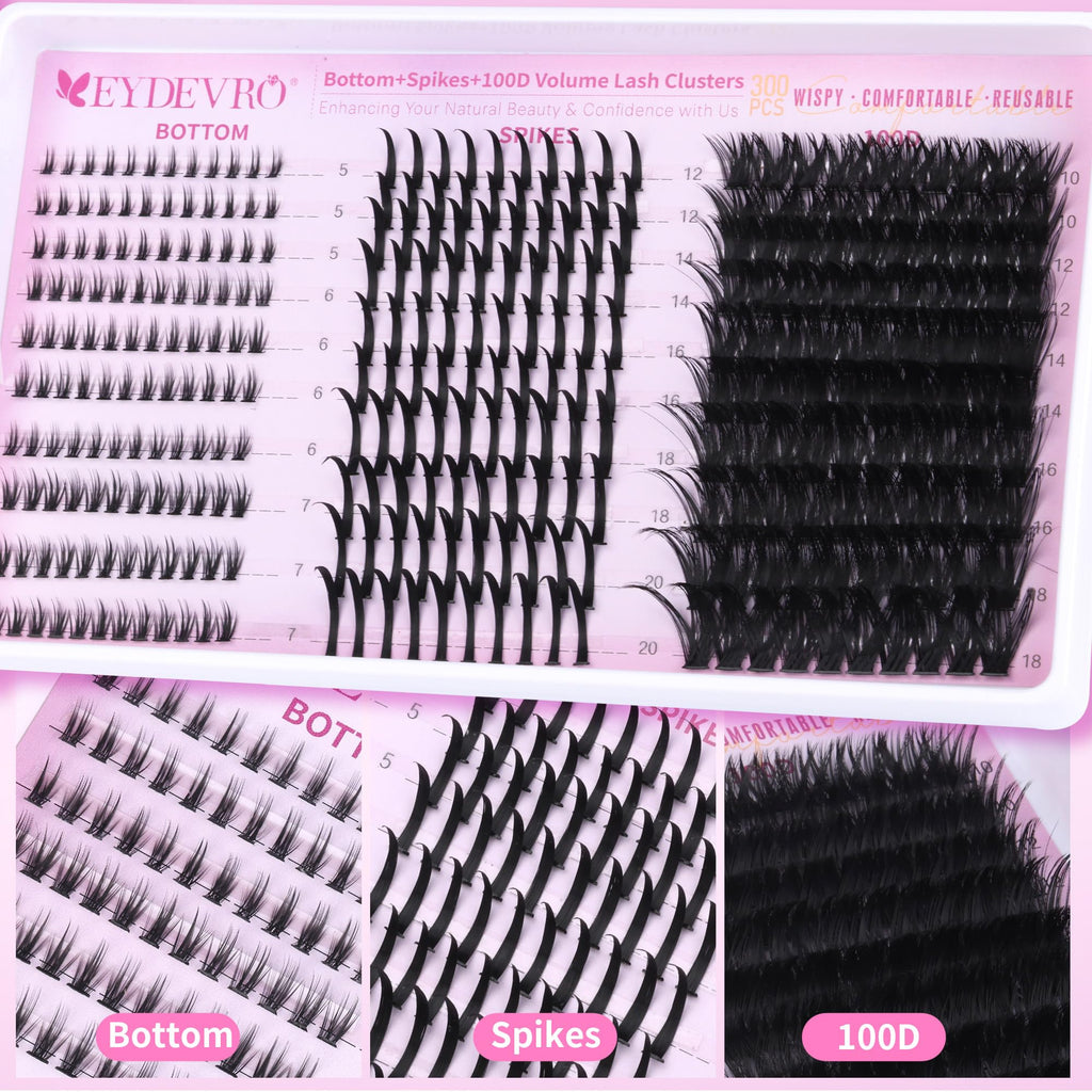 EYDEVRO Volume Eyelash Clusters Kit 100D with Spikes & 300 Pcs