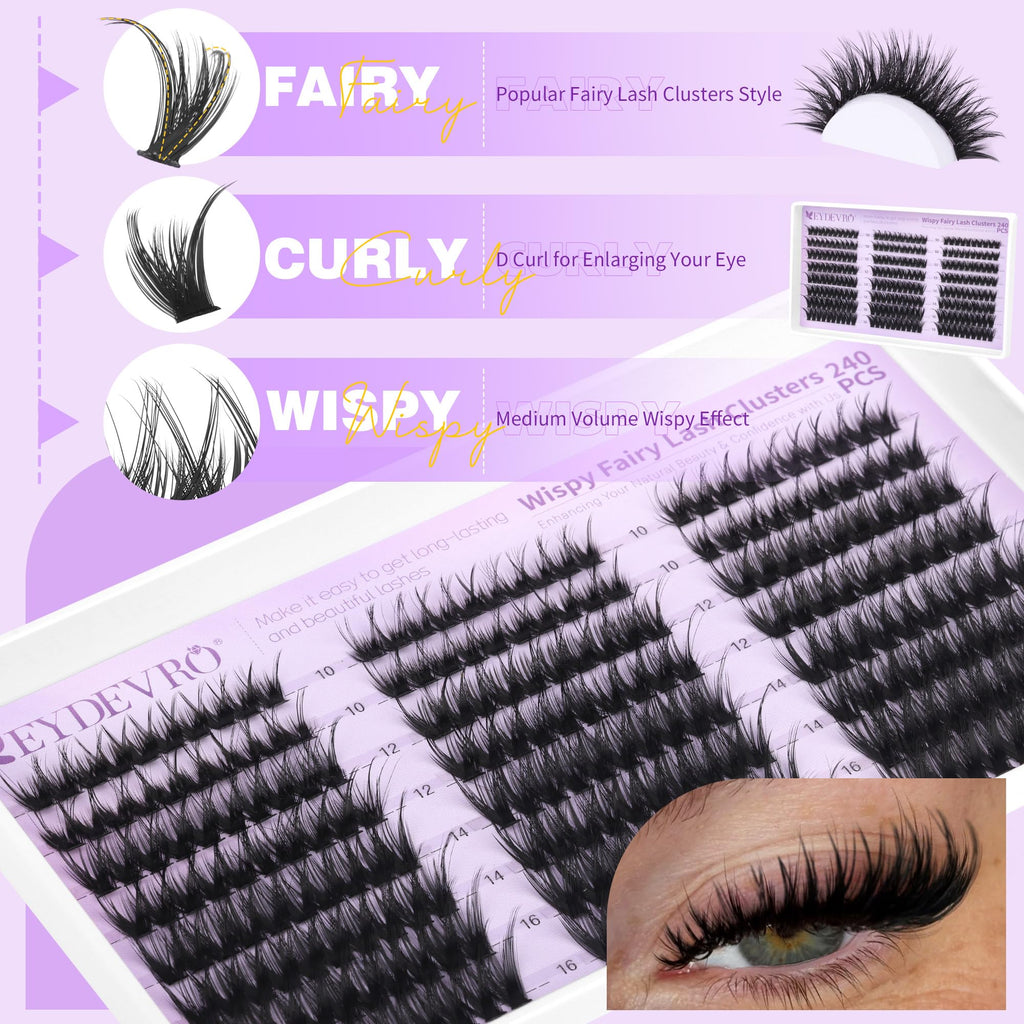 EYDEVRO Fairy Lash Clusters Kit – Wispy 10-16mm Lashes with Bond & Seal, Tweezers & Brushes