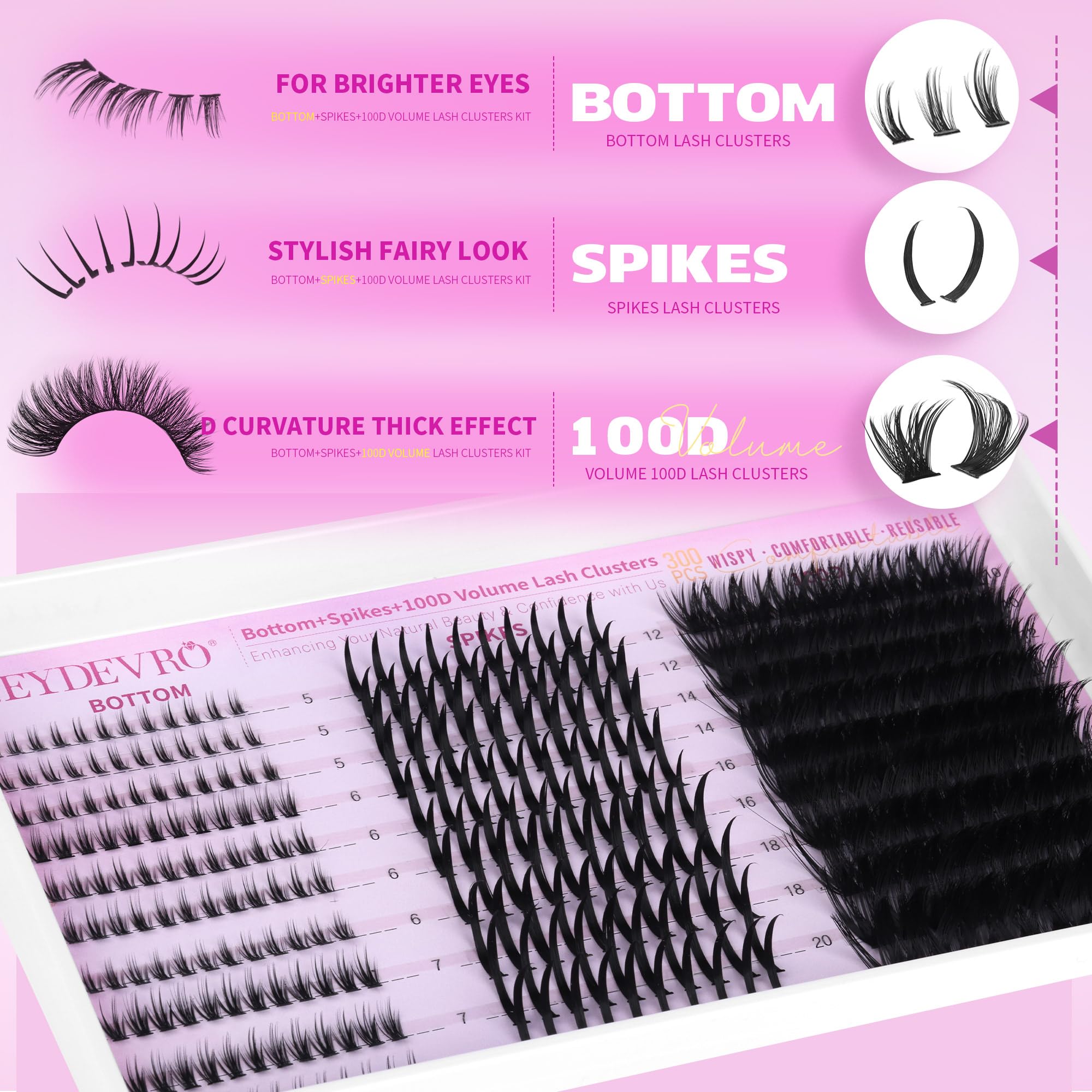 EYDEVRO Volume Eyelash Clusters Kit 100D with Spikes & 300 Pcs