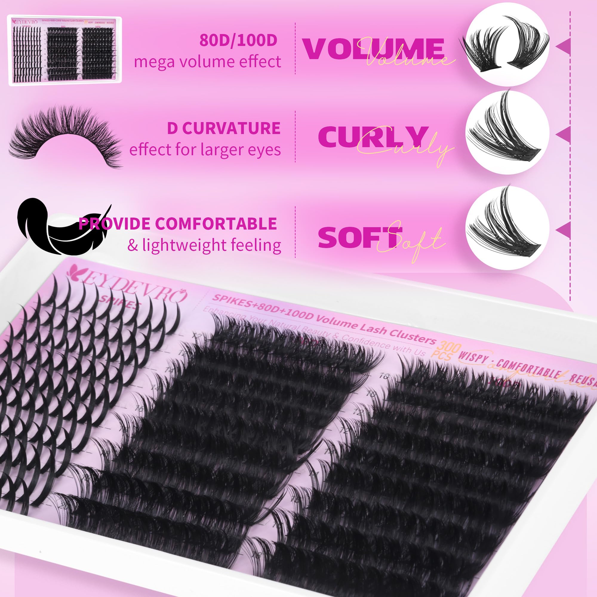 EYDEVRO Lash Clusters with Spikes – Wispy Volume Kit 12-20mm (80D/100D)