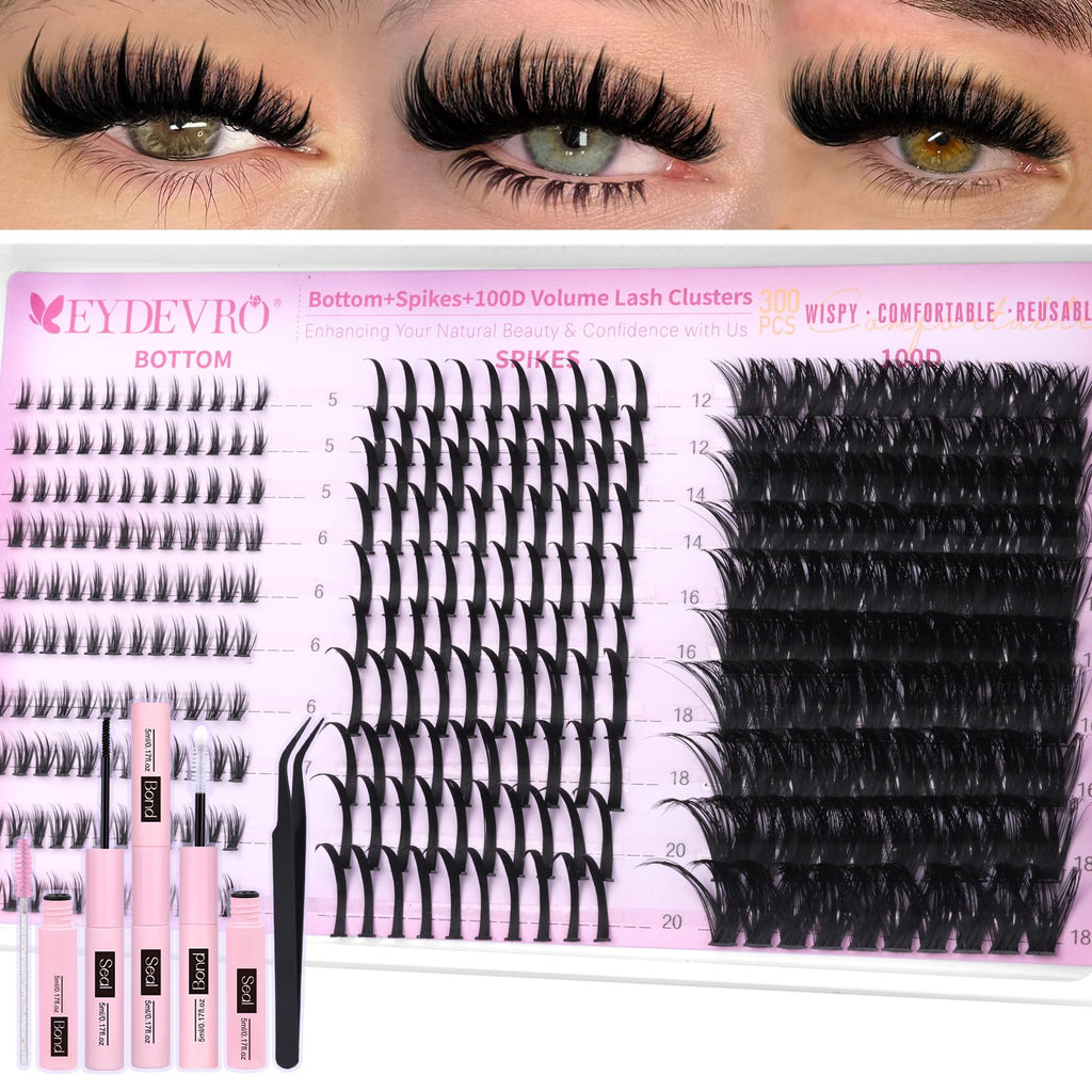 EYDEVRO Volume Eyelash Clusters Kit 100D with Spikes & 300 Pcs