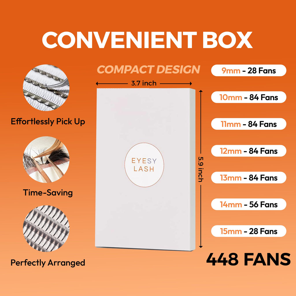 Eyesy Lash 448 Narrow Promade Fans - 10D 0.07mm C Curl, 9-15mm Mixed Lengths, Mega Volume Eyelash Extensions