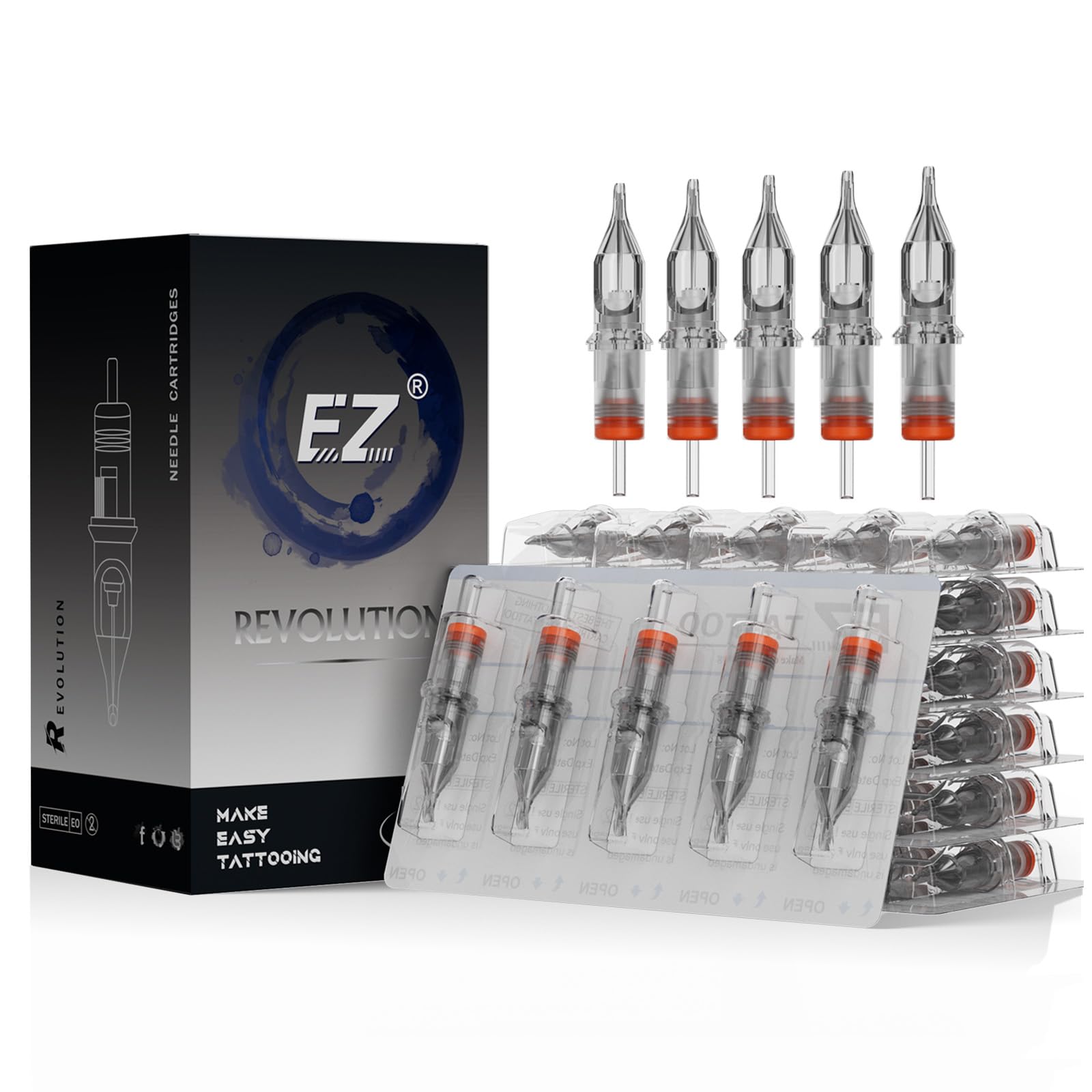 EZTat2 Revolution Cartridge Needles #12 (11RS) – 50Pcs, Standard Round Shader with Membrane