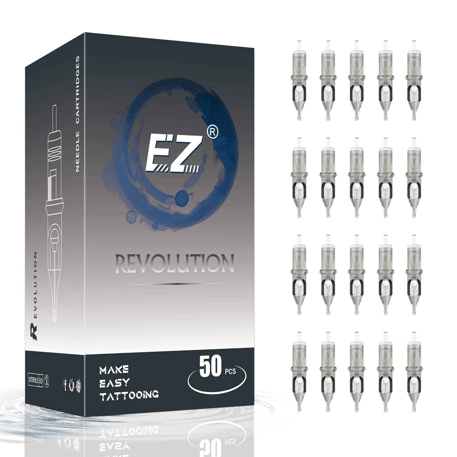 EZTAT2 50Pcs Mixed Tattoo Cartridge Needles (1203RL, 1205RL, 1207RL, 1209RL, 1211RL) – Standard Round Liner for Rotary Tattoo Pen