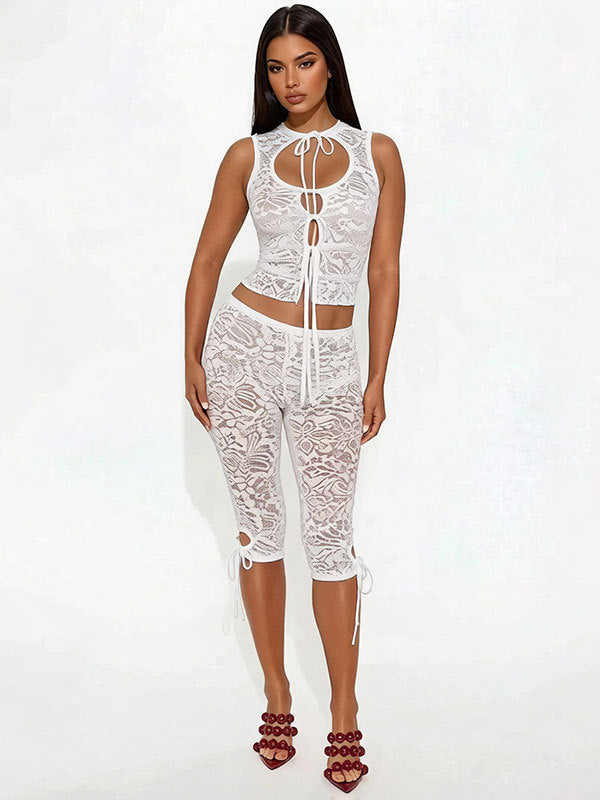 Lace-spliced Lace-up Backless Top And Shorts Set For Women