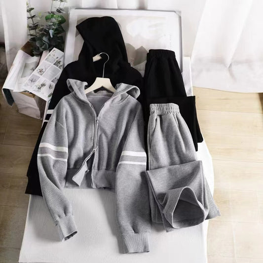 Waffle-knit Hooded Cardigan And Sweatshirt Set For Women