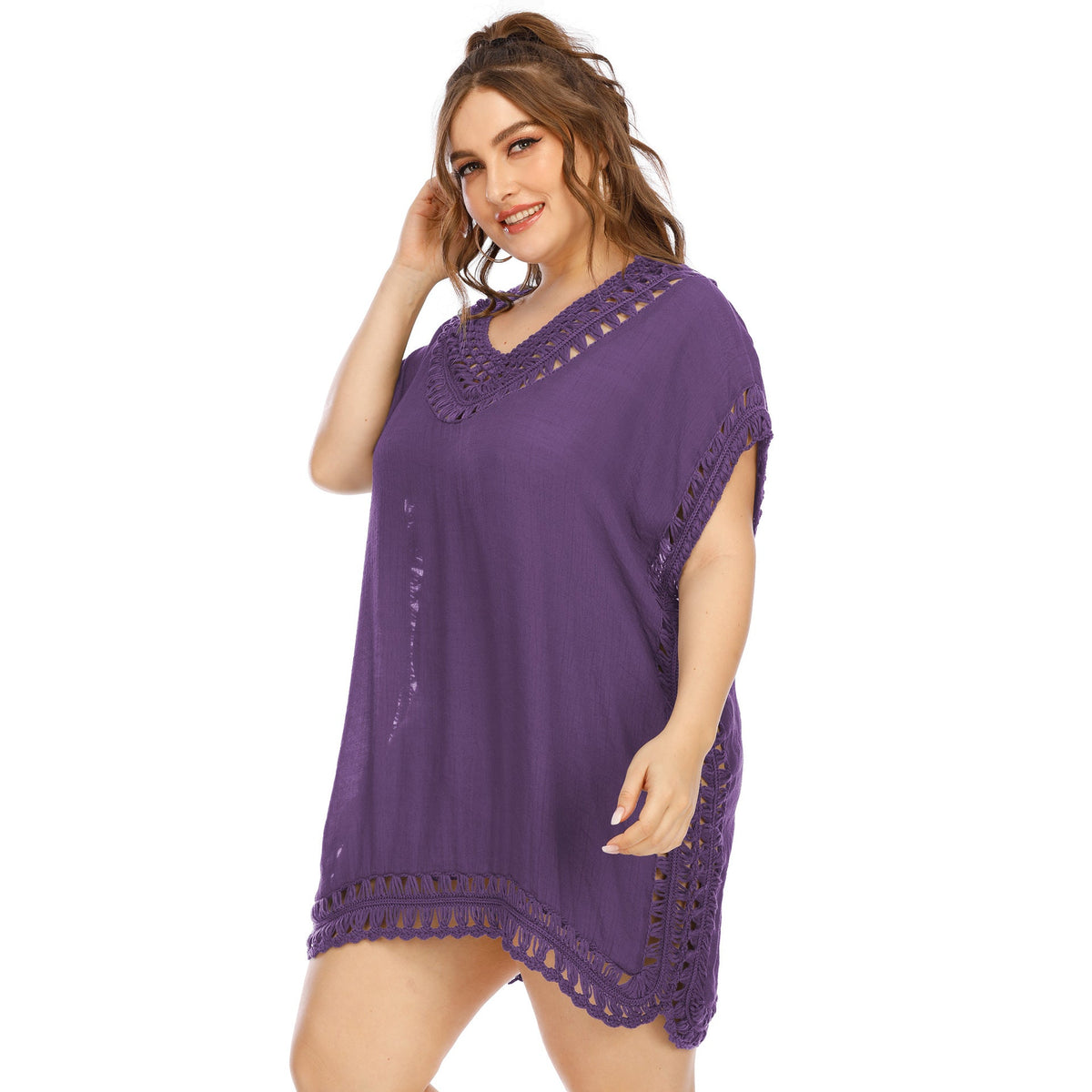Women's Handmade V-neck Patchwork Solid Color Beach Dress