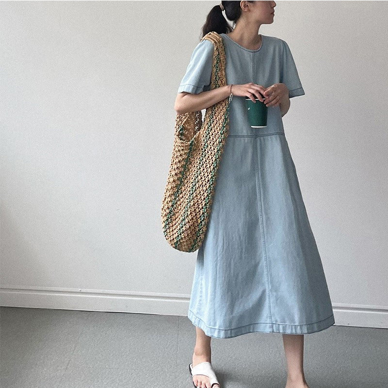 Summer Retro Temperament Crew Neck Bright Line Denim Dress Women