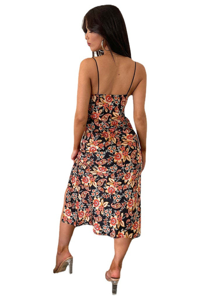 Sexy Print V-neck Backless Suspender Dress For Women