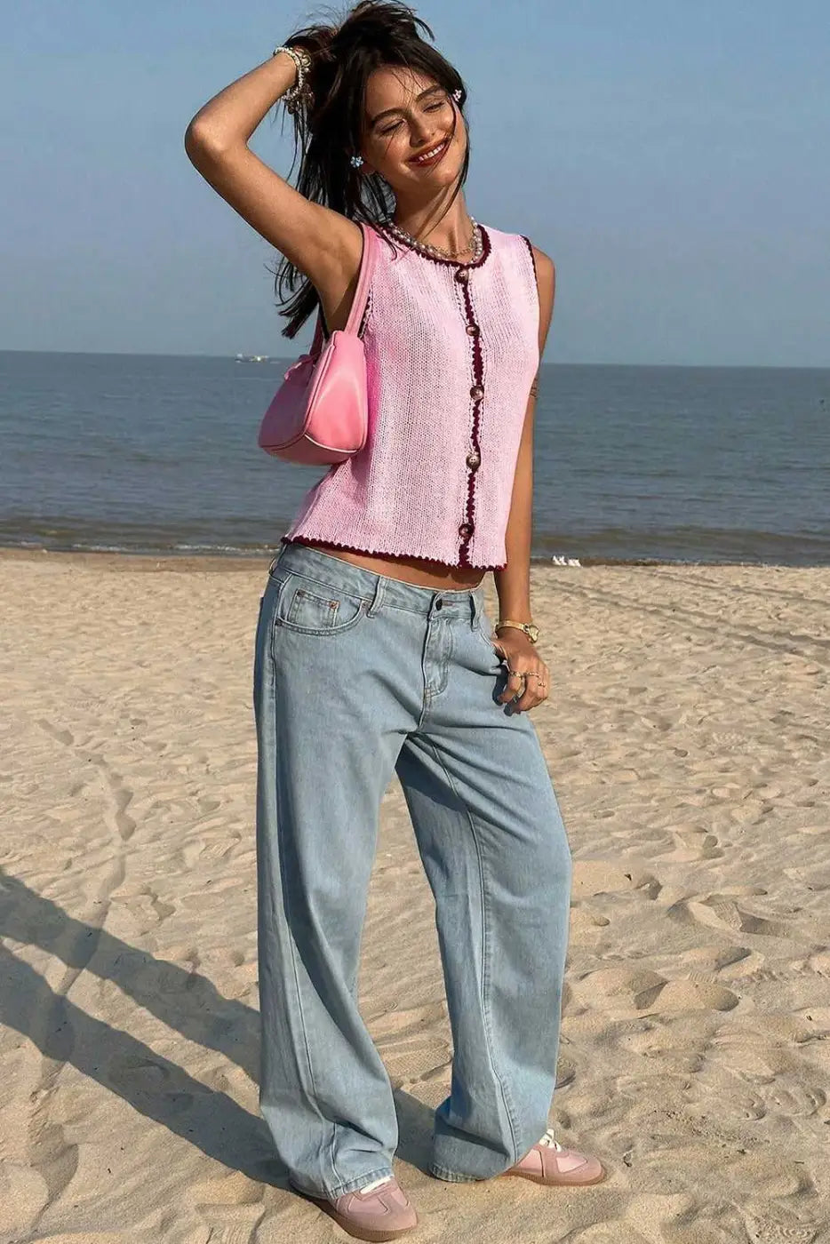 Pink Contrast Trim Knit Crop Top
