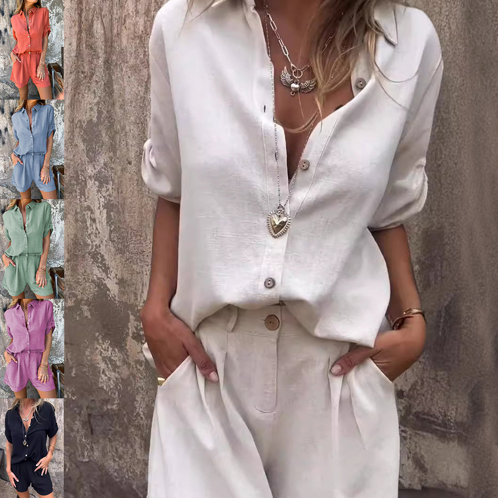 Short-sleeved Suits Fashion Lapel Button Shirt Top And Pocket Shorts Women's Clothing