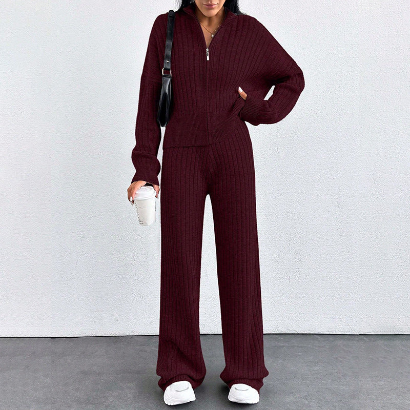 Autumn And Winter New European And American Women's Casual Loose Zip Top And Trousers Two-piece Set