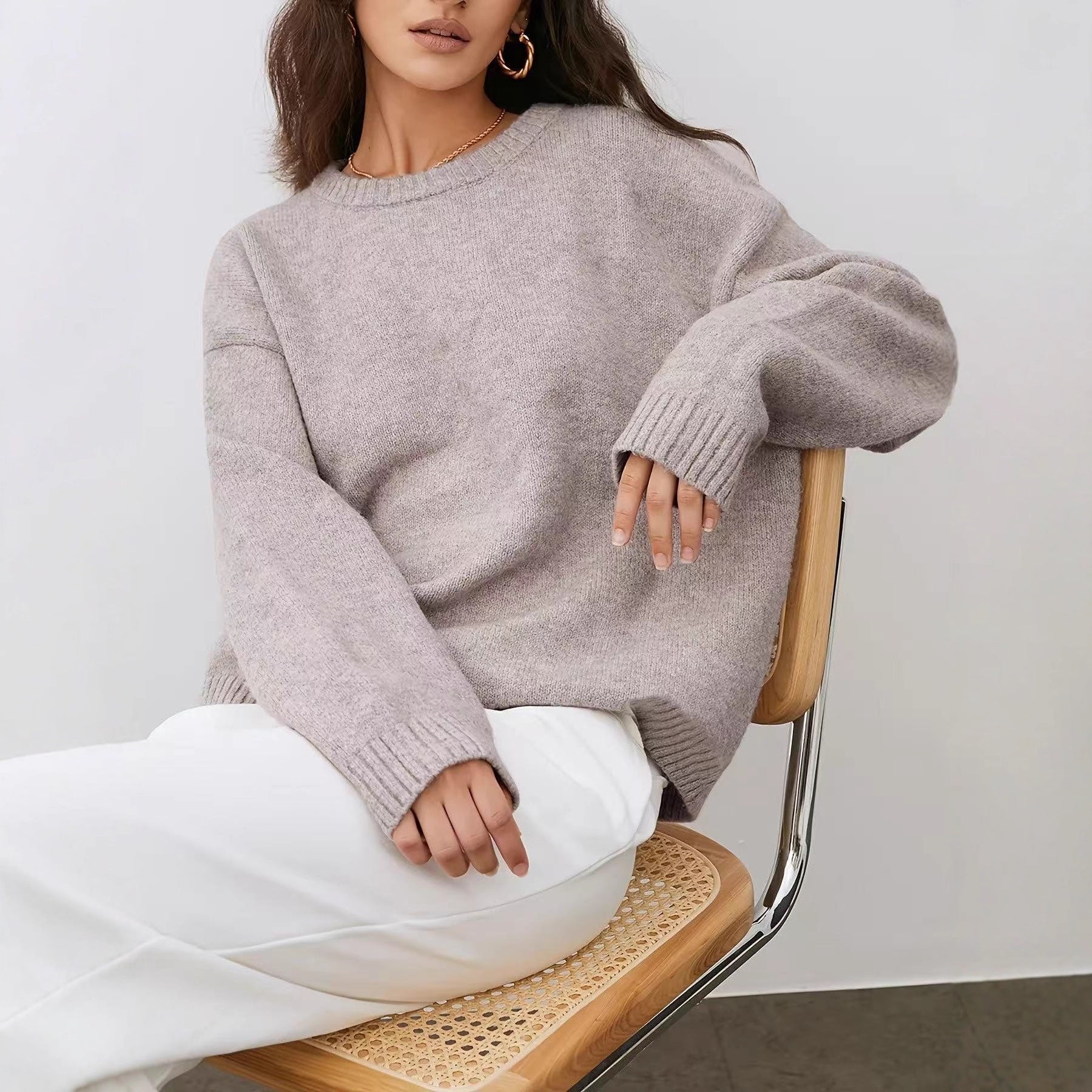 Solid Color Round Neck Sweater Women's Autumn And Winter Knitted Top