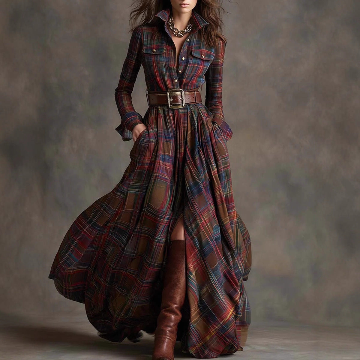 French Retro Grid Dress - Elegant Slim Fit Irregular Hem Dress for Women | Plus Size Available