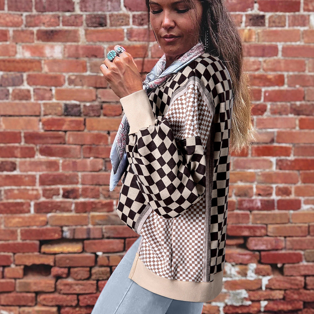 Women's Simple And Versatile Round-Neck Plaid Patchwork Pullover