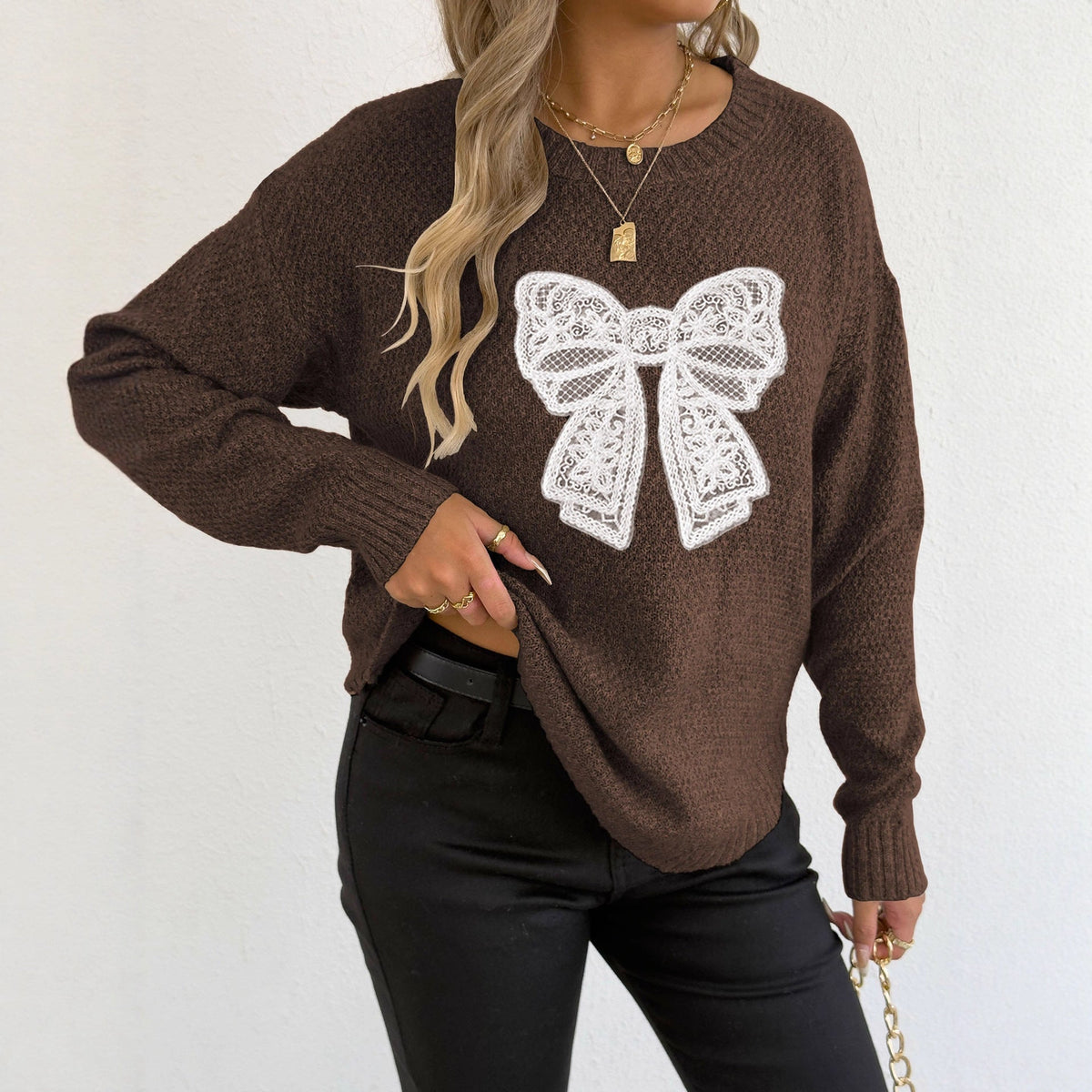 Women's Round Neck Embroidered Lace Butterfly Stitching Woven Sweater
