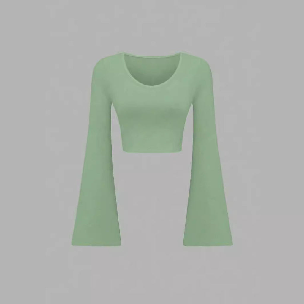 Fashion Solid Color Scoop Bell Sleeve Short Slim Fit Slimming T-shirt