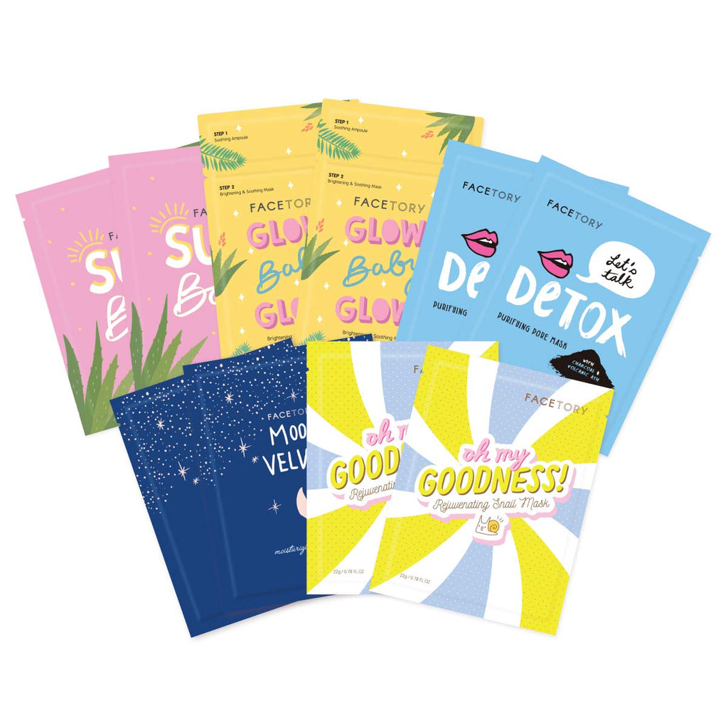 FACETORY Collection Facial Mask Set – Hydrating, Purifying, Soothing & Revitalizing (10 pcs)