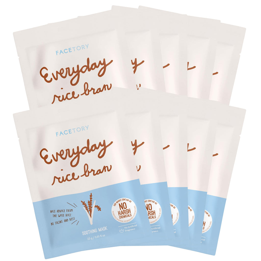 FACETORY Everyday Rice Bran Sheet Mask – Plant-Based K-Beauty Face Mask (10 Pack)