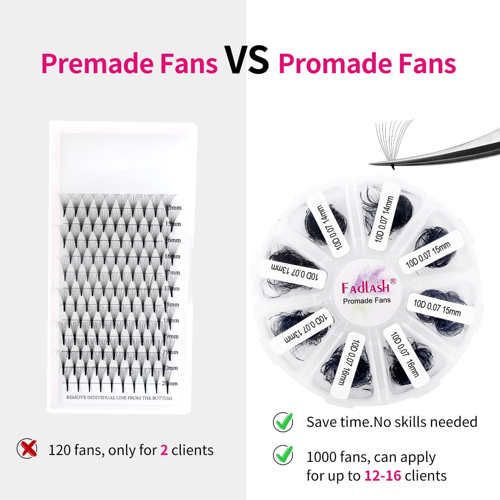 FADLASH Lash Extension 1000 Fans Premade Tray – Mixed D Curl 10D-0.07D, 13-16mm