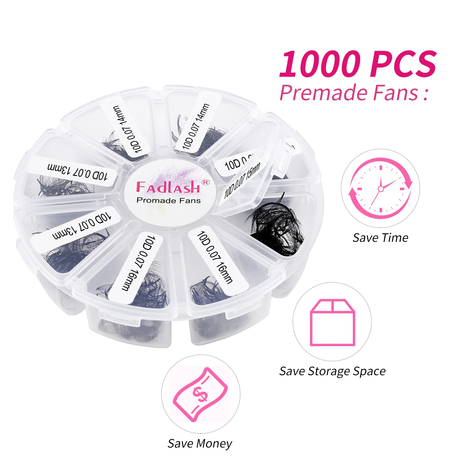 FADLASH Lash Extension 1000 Fans Premade Tray – Mixed D Curl 10D-0.07D, 13-16mm