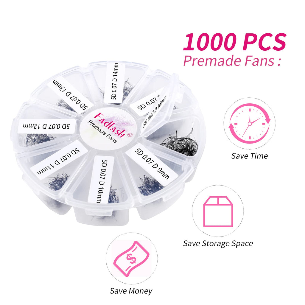 FADLASH Volume Premade Lash Fans 1000pcs — 5D-16D, 9-16mm Mixed Tray