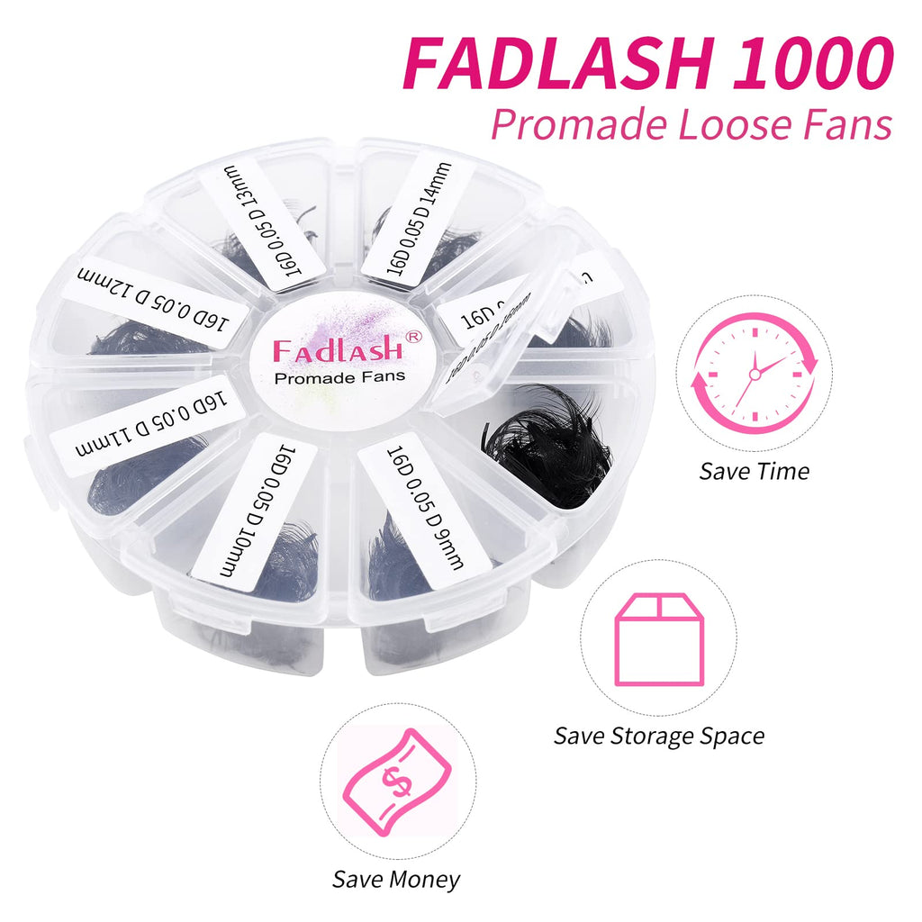 FADLASH Premade Fans 1000ct Mix – D Curl Promades, 16D-0.05D, 9-16mm