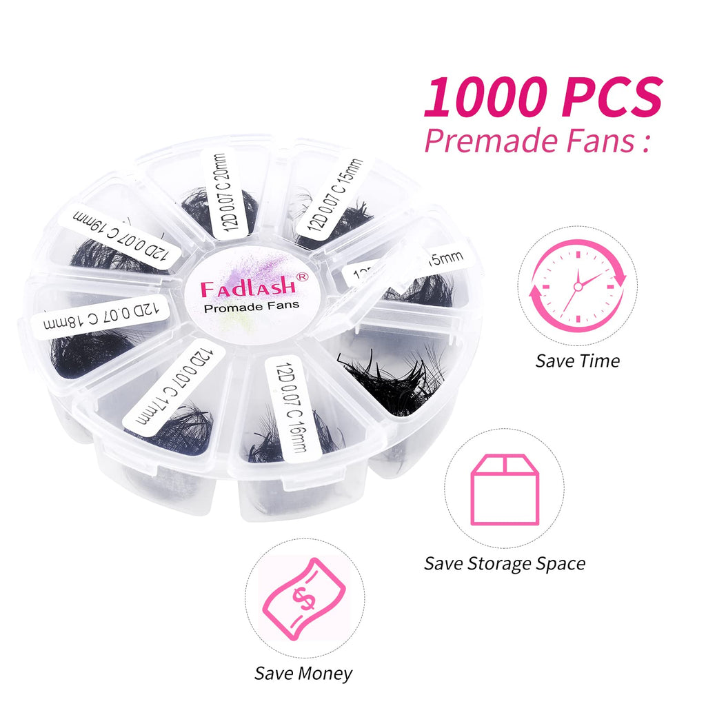 FADLASH Premade Fans Eyelash Extensions – 1000pcs, 12D-0.07C, 15-20mm