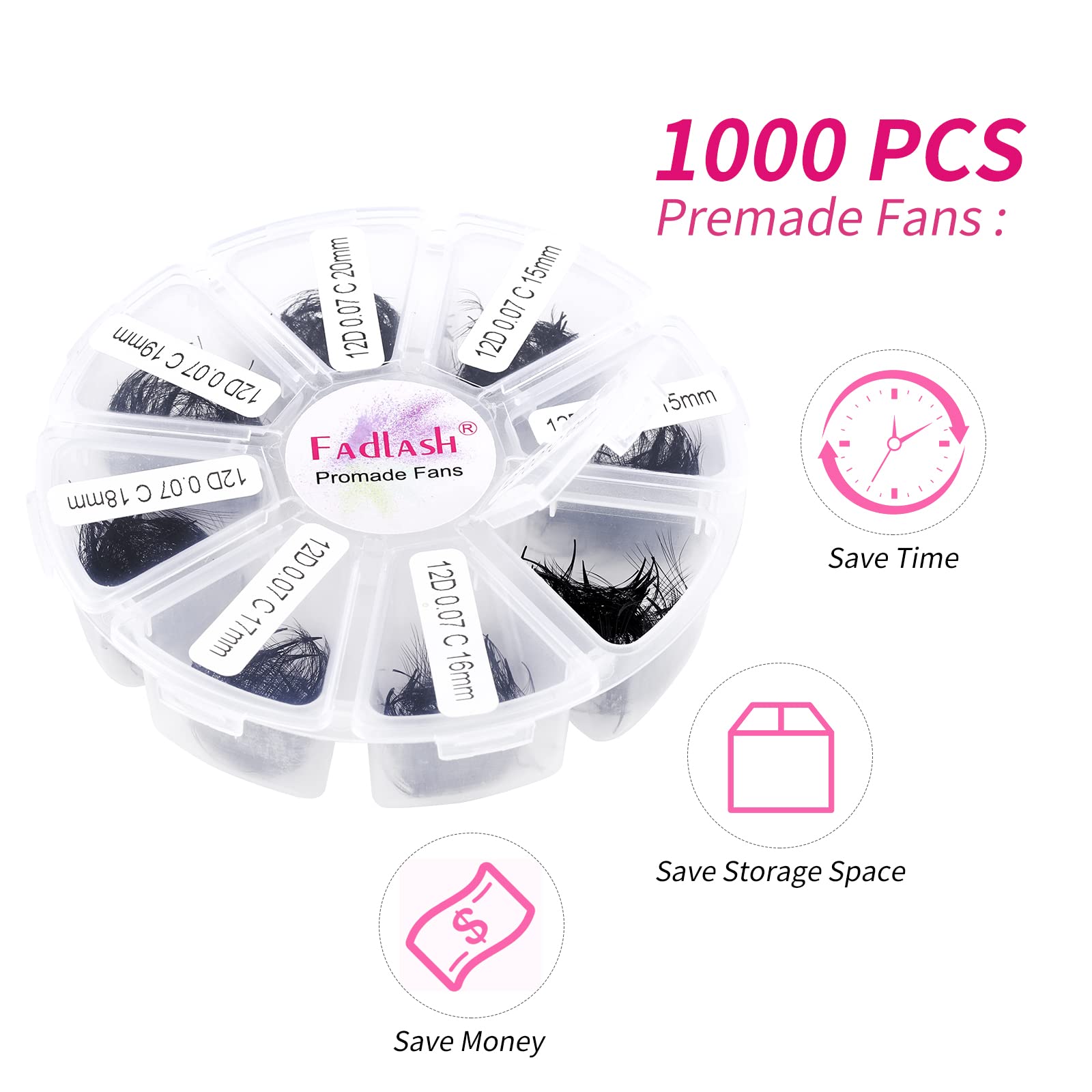 FADLASH Premade Fans Eyelash Extensions – 1000pcs, 12D-0.07C, 15-20mm