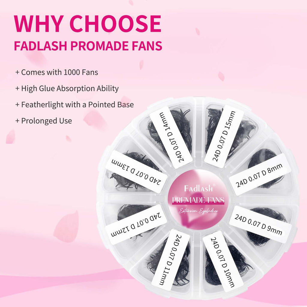 FADLASH 1000 Fans Premade Volume Extensions – 24D D Curl, Thin Base, Premium Premade Fans